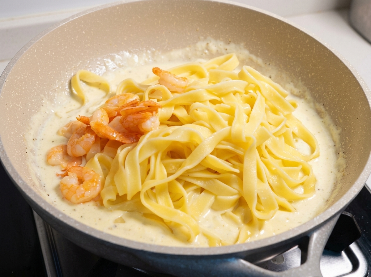 Usmażone różowe krewetki dodawane na patelnię z makaronem fettuccine i kremowym białym sosem.