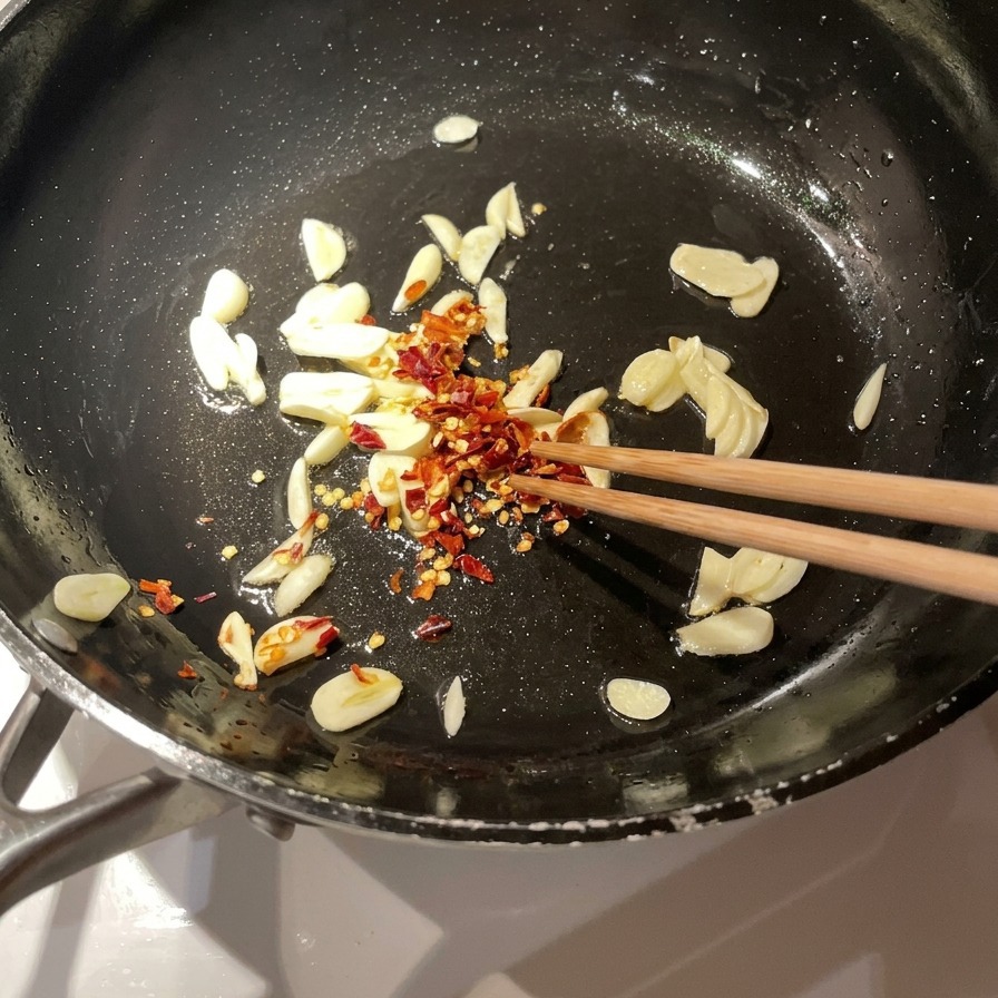 Suszone płatki czerwonego chili dodawane na patelnię z aromatycznymi plasterkami czosnku skwierczącymi w oliwie.