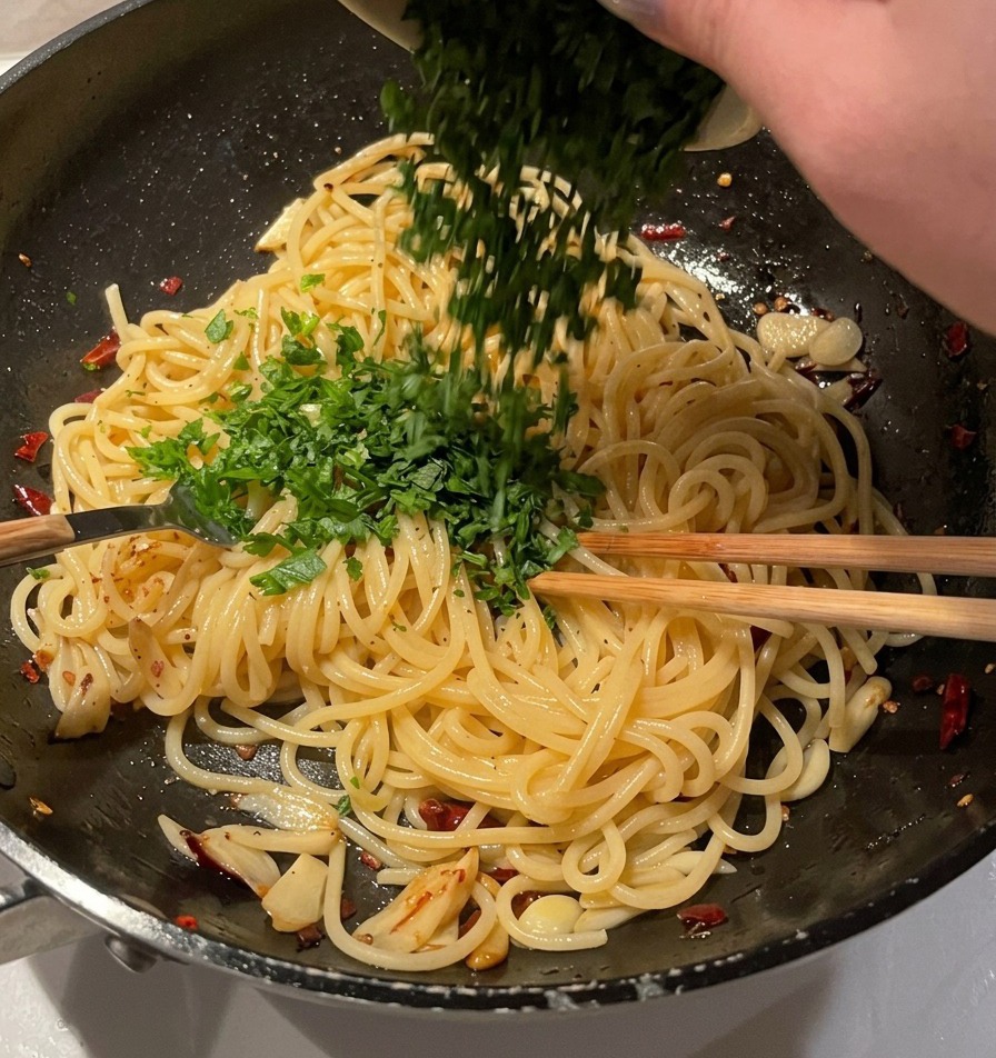 Miseczka z drobno posiekaną świeżą pietruszką opróżniana nad patelnią ze spaghetti z czosnkiem i oliwą.