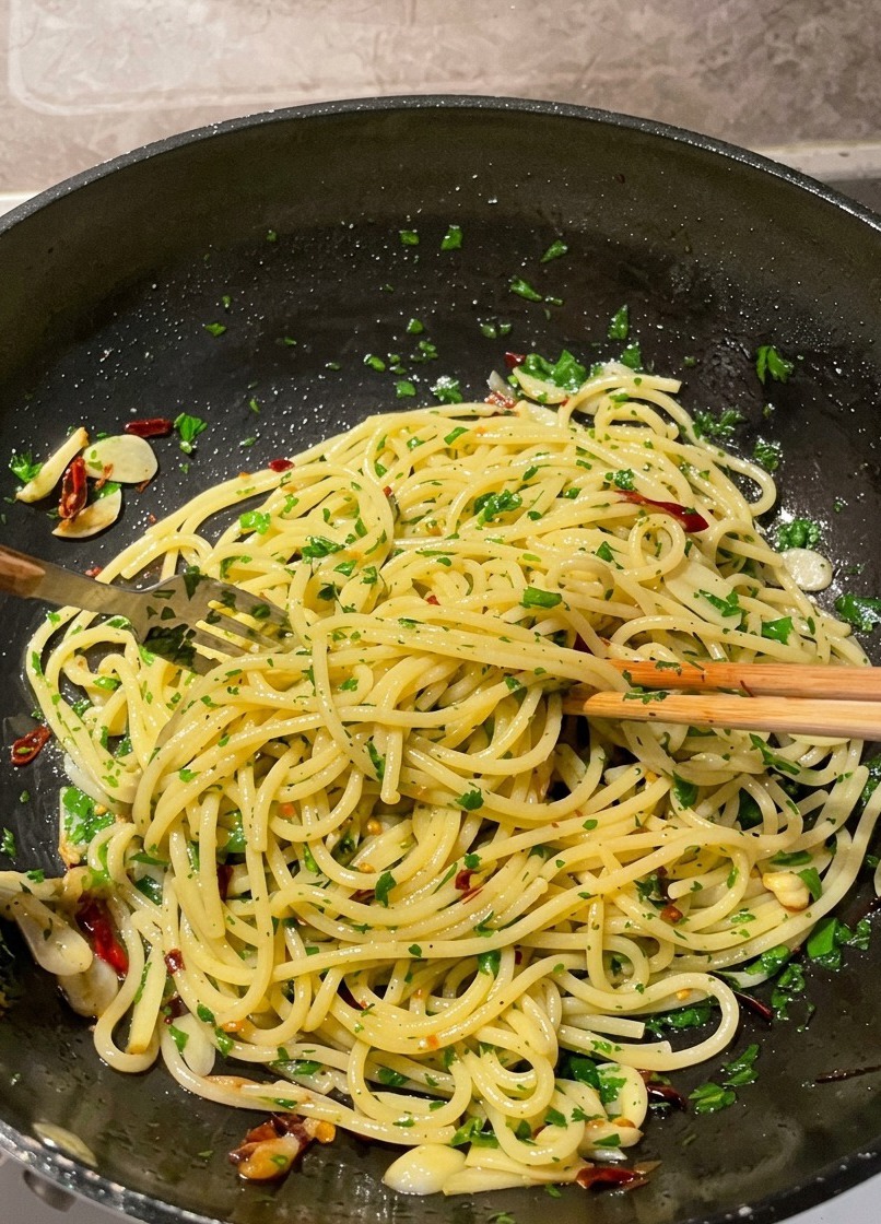 Patelnia ze spaghetti mieszanym za pomocą pałeczek i widelca ze złocistym podsmażonym czosnkiem, płatkami chili i dużą ilością świeżej zielonej pietruszki.