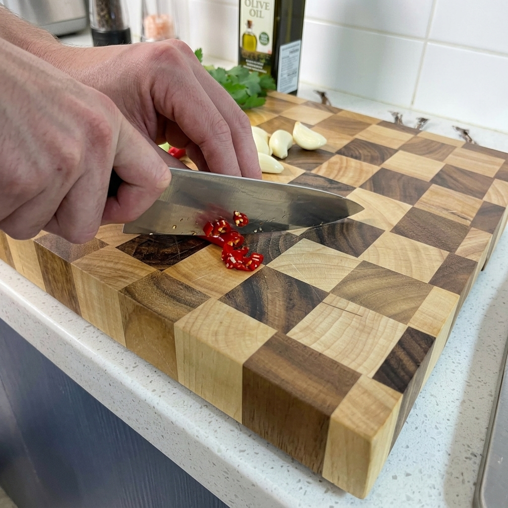 Nóż siekający jaskrawoczerwoną papryczkę chili na drewnianej desce, w tle widoczne całe ząbki czosnku.