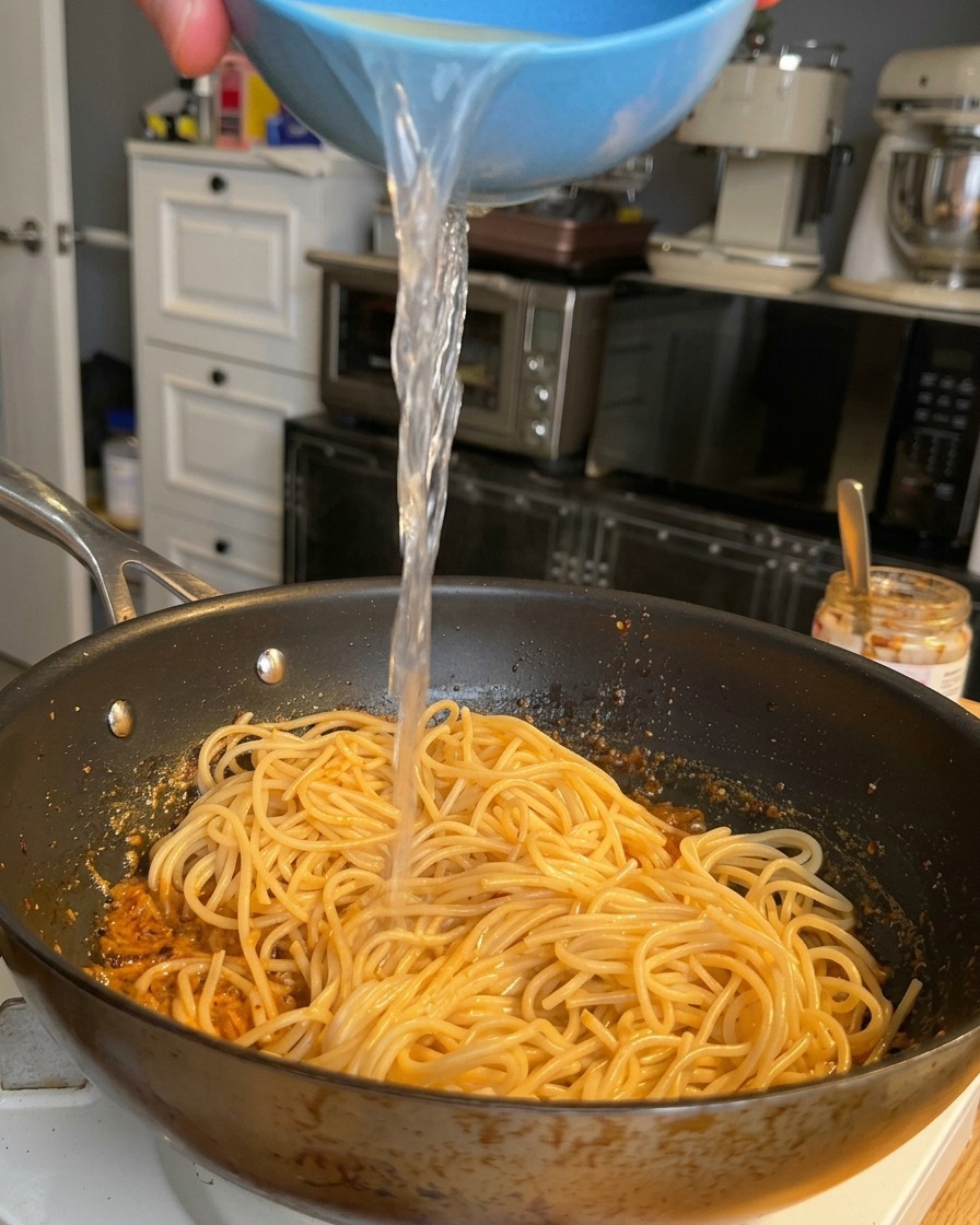 Strumień czystej wody z gotowania makaronu wlewany z niebieskiej miseczki na patelnię ze spaghetti wymieszanym z sosem śmietanowym.