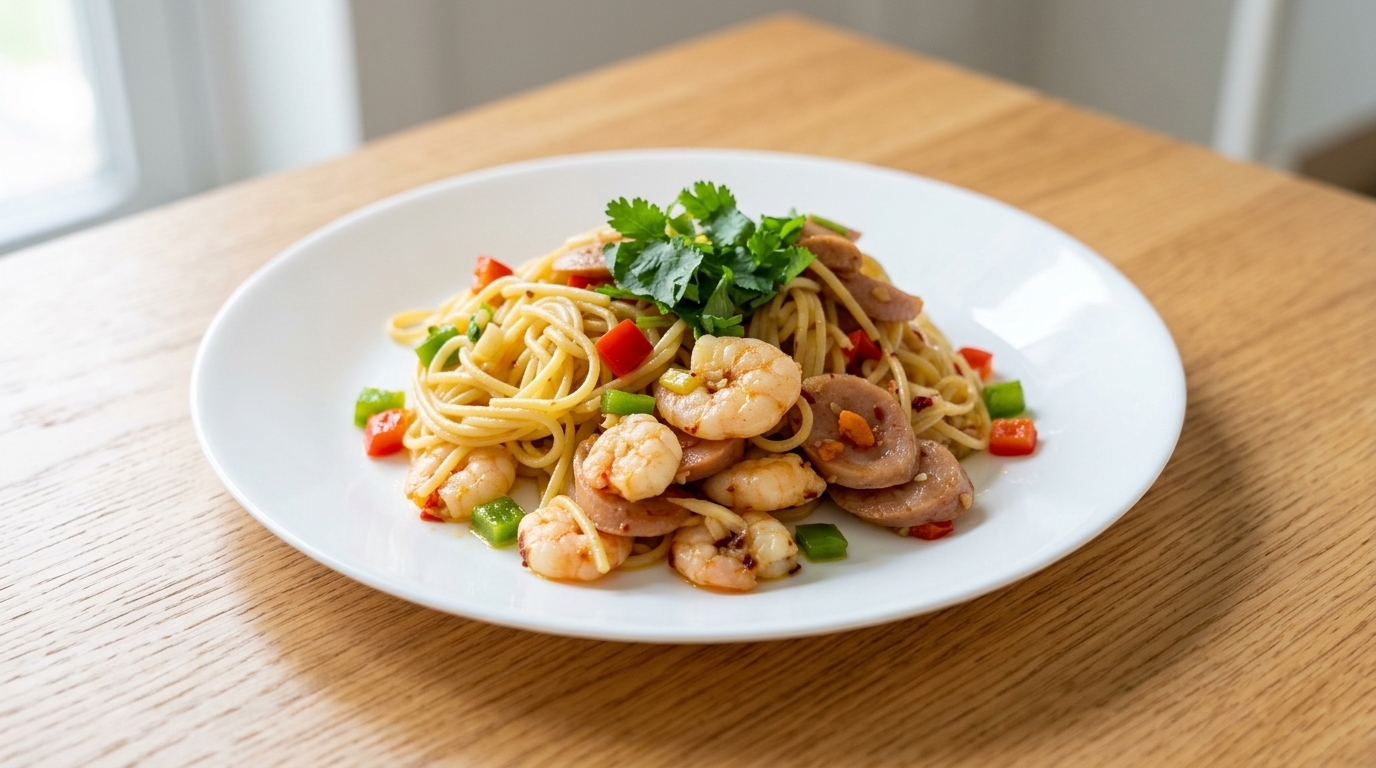 Spaghetti z woka z czosnkiem, krewetkami i kiełbasą