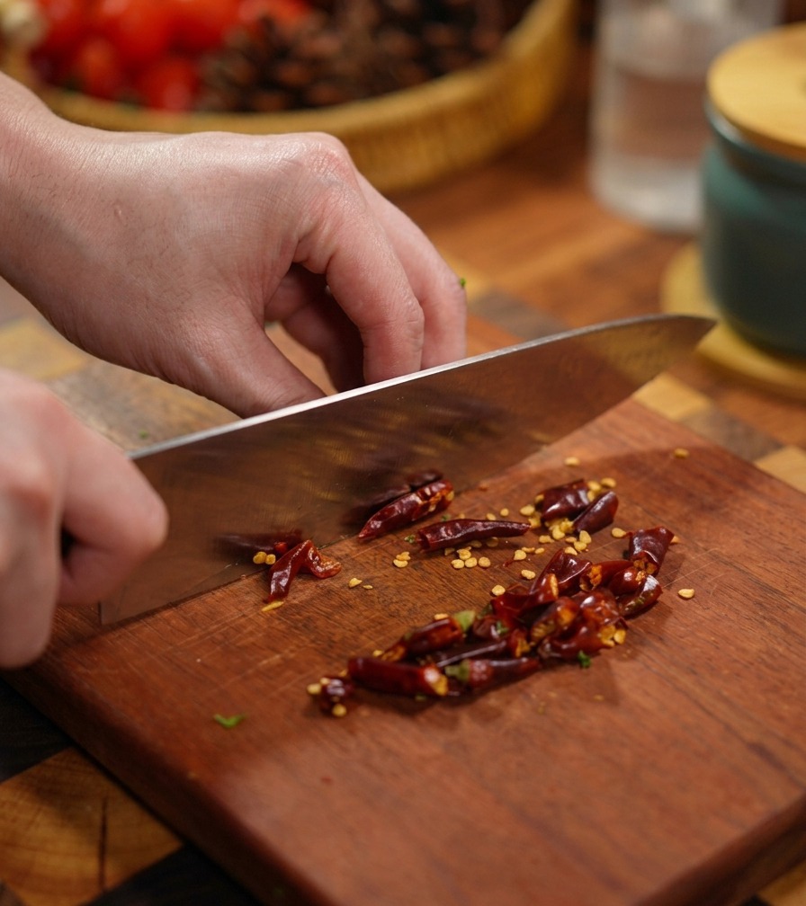 Dłonie krojące nożem ze stali nierdzewnej kilka suszonych czerwonych papryczek chili na małe kawałki na desce.