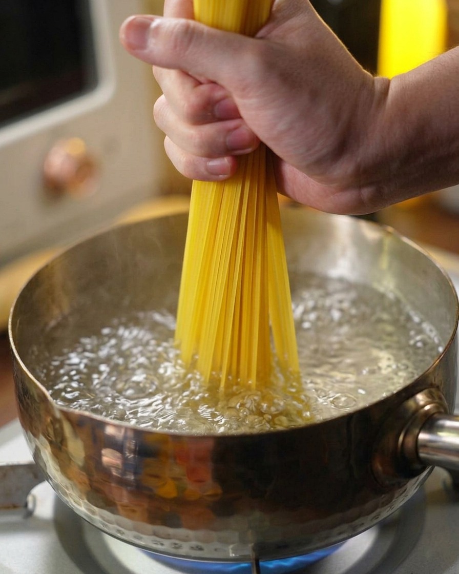 Dłoń wrzucająca suchy makaron spaghetti do garnka z mocno wrzącą wodą.