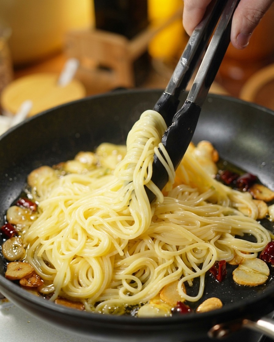 Szczypce kuchenne przekładające ugotowany makaron spaghetti bezpośrednio na patelnię z aromatyczną oliwą.