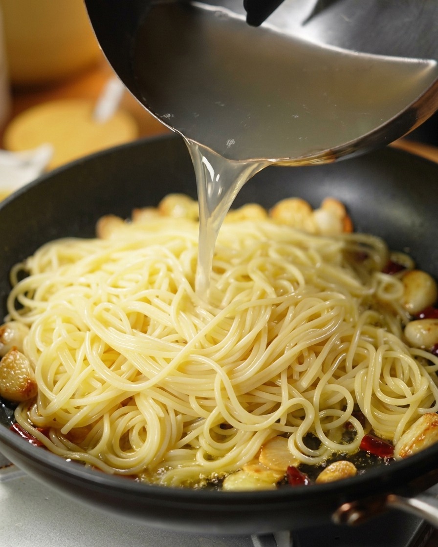 Metalowa chochelka wlewająca mętną wodę z gotowania makaronu na patelnię ze spaghetti.