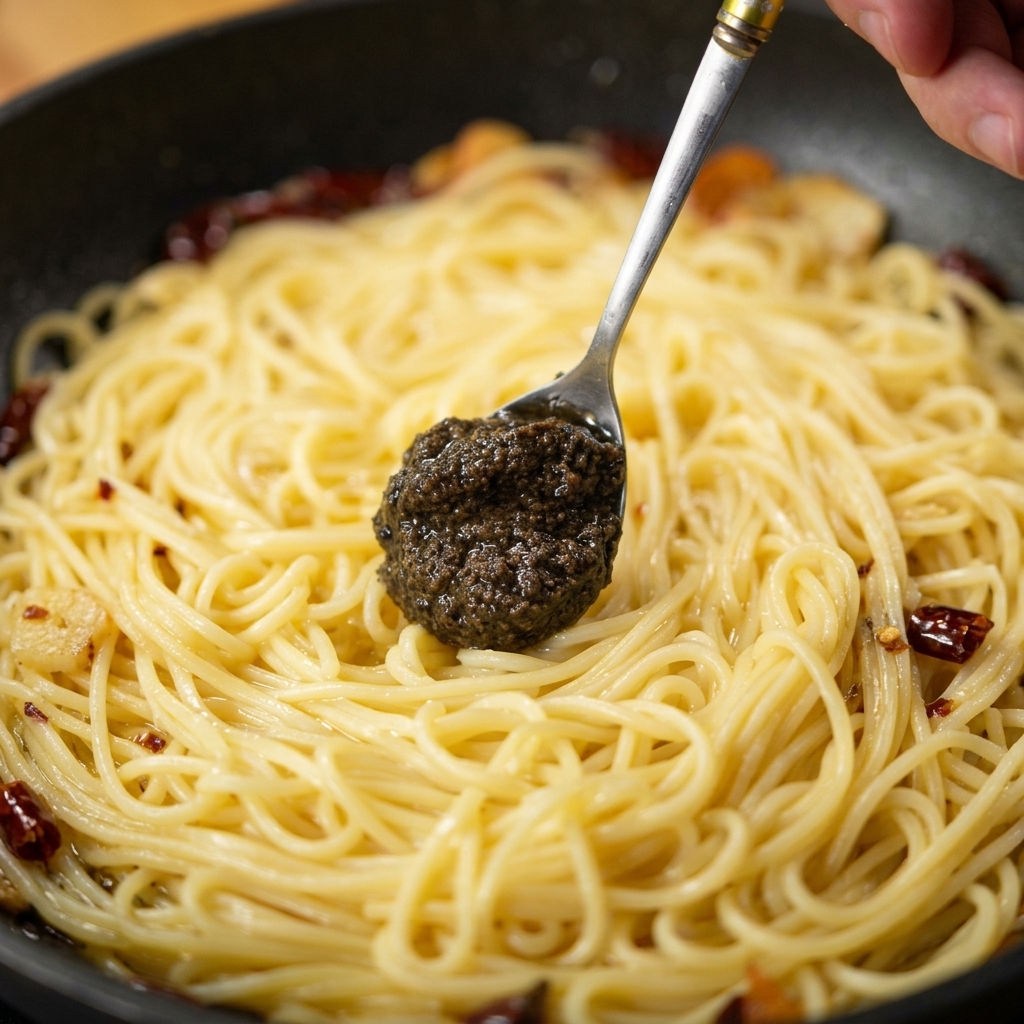 Łyżka nakładająca porcję gęstego sosu z czarnych trufli na makaron spaghetti na patelni.