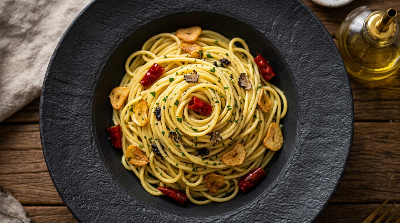 Błyszczące nitki spaghetti wymieszane z czarną truflą, chrupiącym czosnkiem i suszonym chili, skropione oliwą z oliwek extra virgin