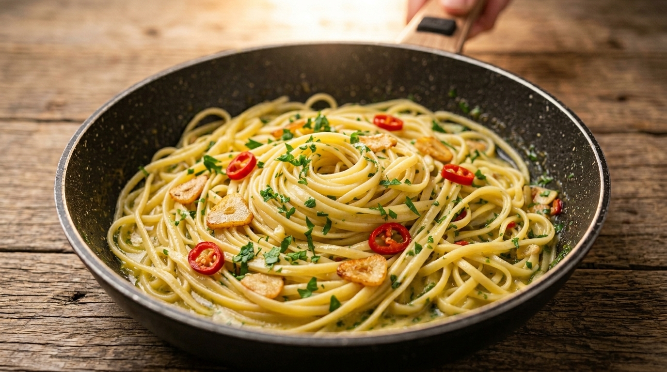Kremowe linguine z czosnkiem i chili (Aglio, Olio e Peperoncino z żółtkiem)