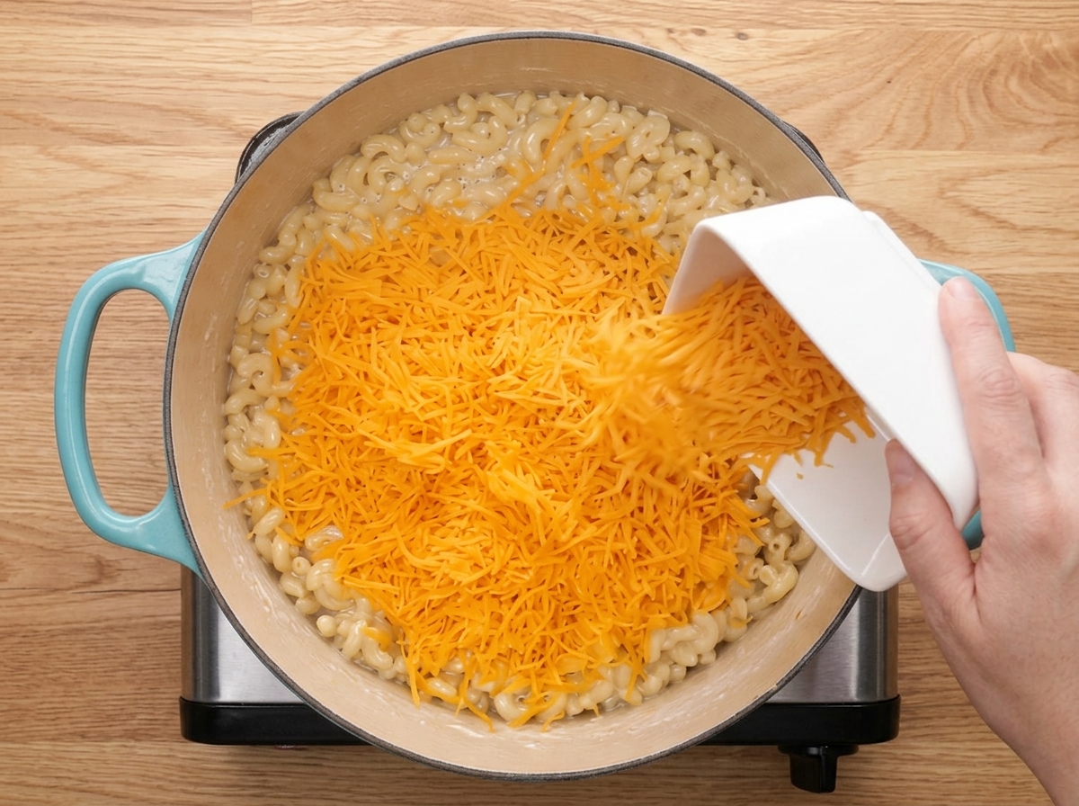 Tarty ser cheddar wsypywany z białej miski do ugotowanego makaronu w garnku.