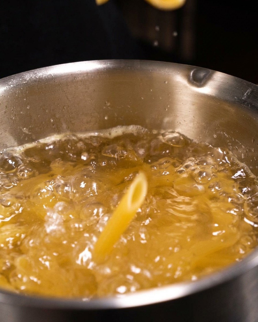 Suchy, rurkowaty makaron penne wrzucany do garnka z mocno wrzącą, doprawioną wodą.