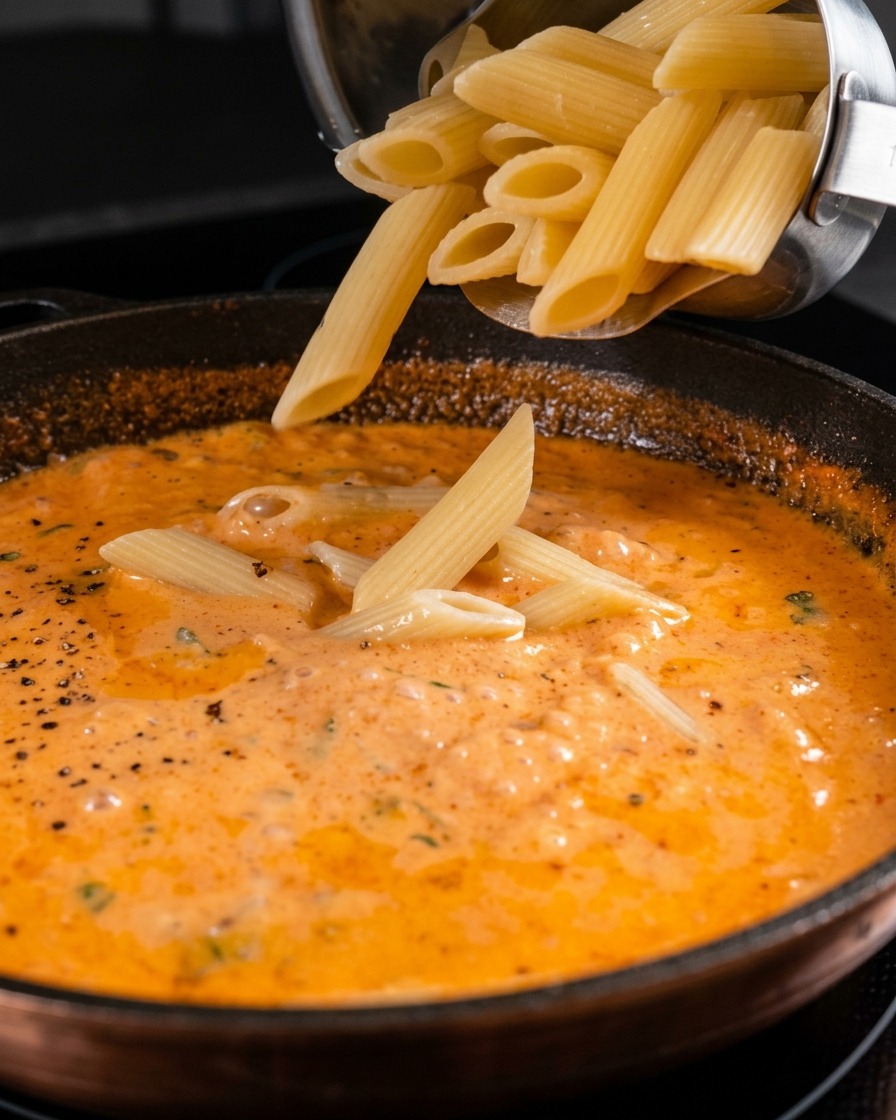 Ugotowany makaron penne przesypywany z metalowego garnka na patelnię pełną kremowego pomarańczowego sosu.