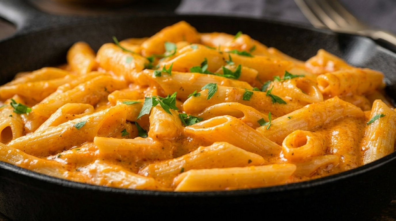 Kremowy makaron penne w bogatym sosie pomidorowo-serowym, posypany ciągnącą się mozzarellą i świeżą pietruszką