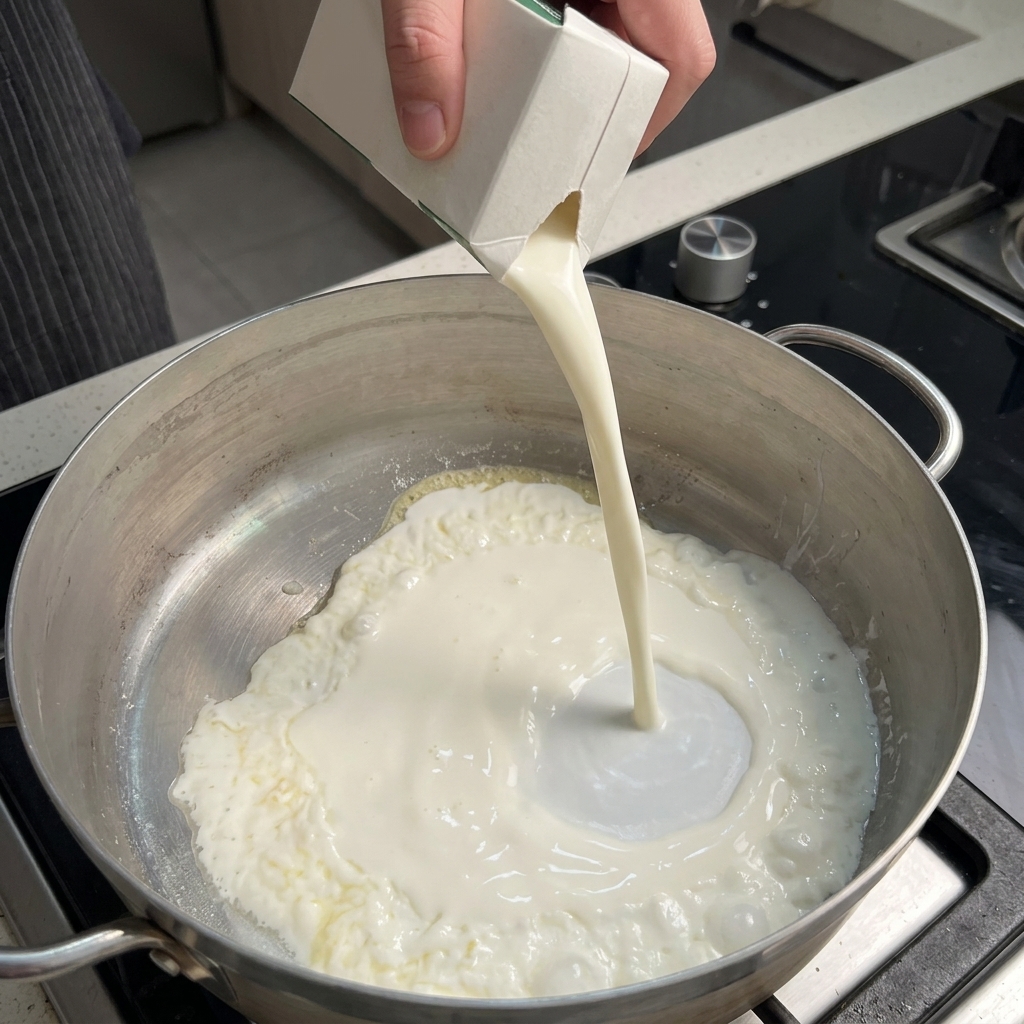 Karton wylewający czyste białe mleko na rozgrzaną patelnię z mieszanką masła i mąki.