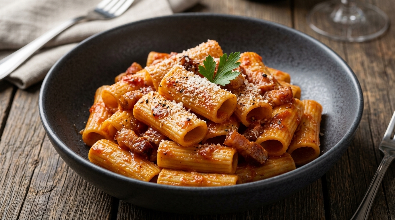 Apetyczna porcja makaronu Rigatoni allAmatriciana w gęstym sosie pomidorowym z boczkiem.