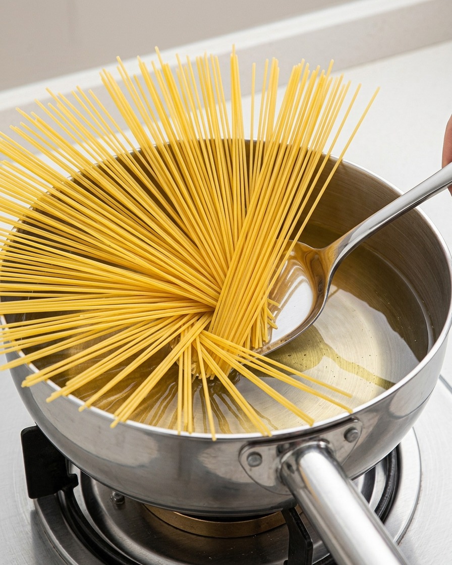 Pęczek suchego makaronu spaghetti rozkłada się promieniście podczas wkładania do garnka ze stali nierdzewnej z wrzącą wodą.