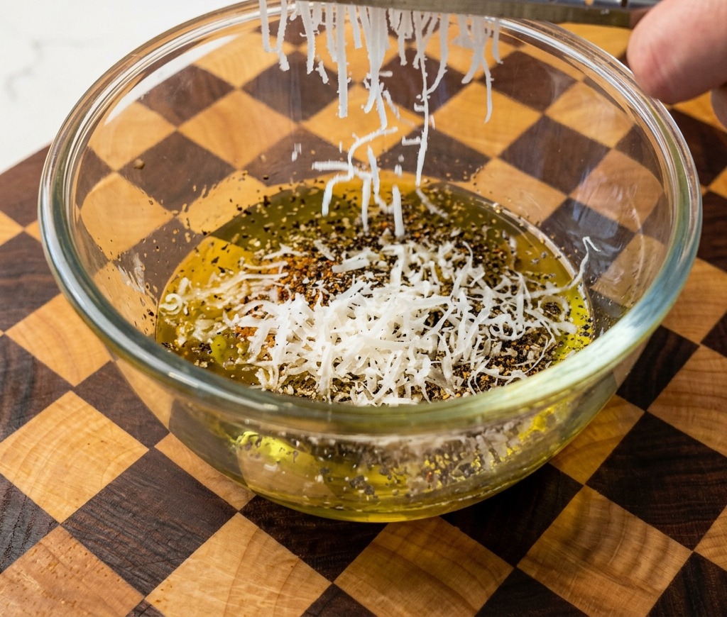 Drobno starty ser Pecorino Romano spada z metalowej tarki do miski z doprawionymi jajkami.