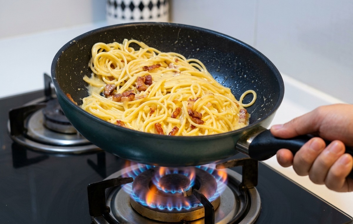 Podnoszenie i potrząsanie pateną zawierającą spaghetti i chrupiącą pancettę nad niebieskim płomieniem gazowym.