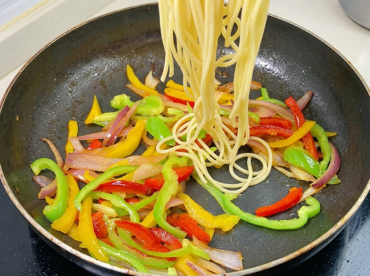 Ugotowany makaron spaghetti dodawany do patelni pełnej podsmażonych warzyw.