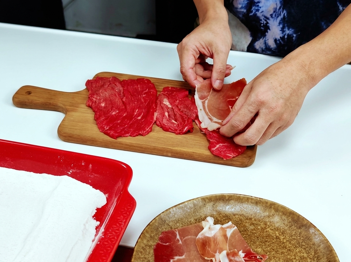 Dłonie układające cienkie, różowe plastry szynki prosciutto na surowych sznyclach cielęcych na drewnianej desce.