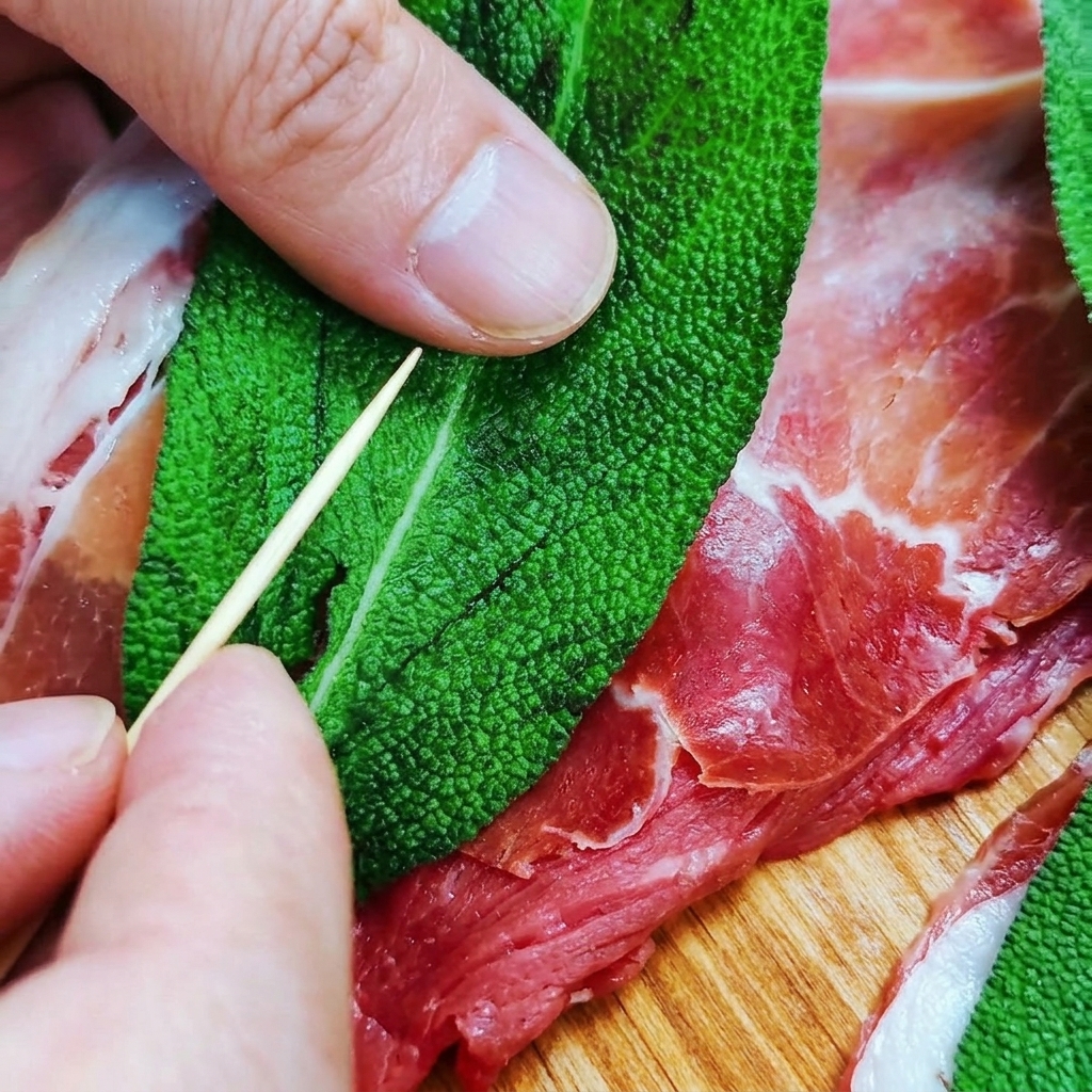 Zbliżenie na drewnianą wykałaczkę przebijaną przez zielony liść szałwii i różowe prosciutto w głąb czerwonej cielęciny.