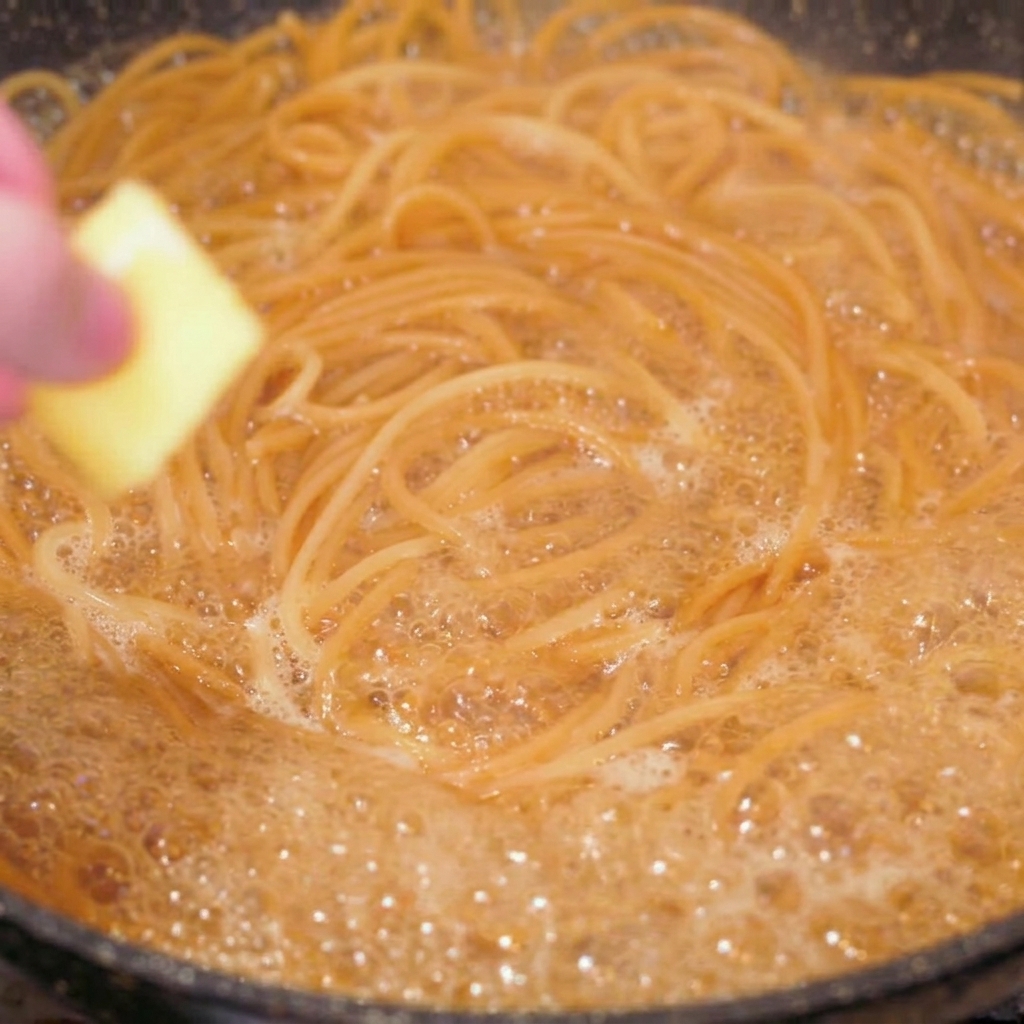 Zbliżenie na ugotowany makaron spaghetti pełnoziarnisty na patelni, z ręką wrzucającą kostkę żółtego masła na sam środek.