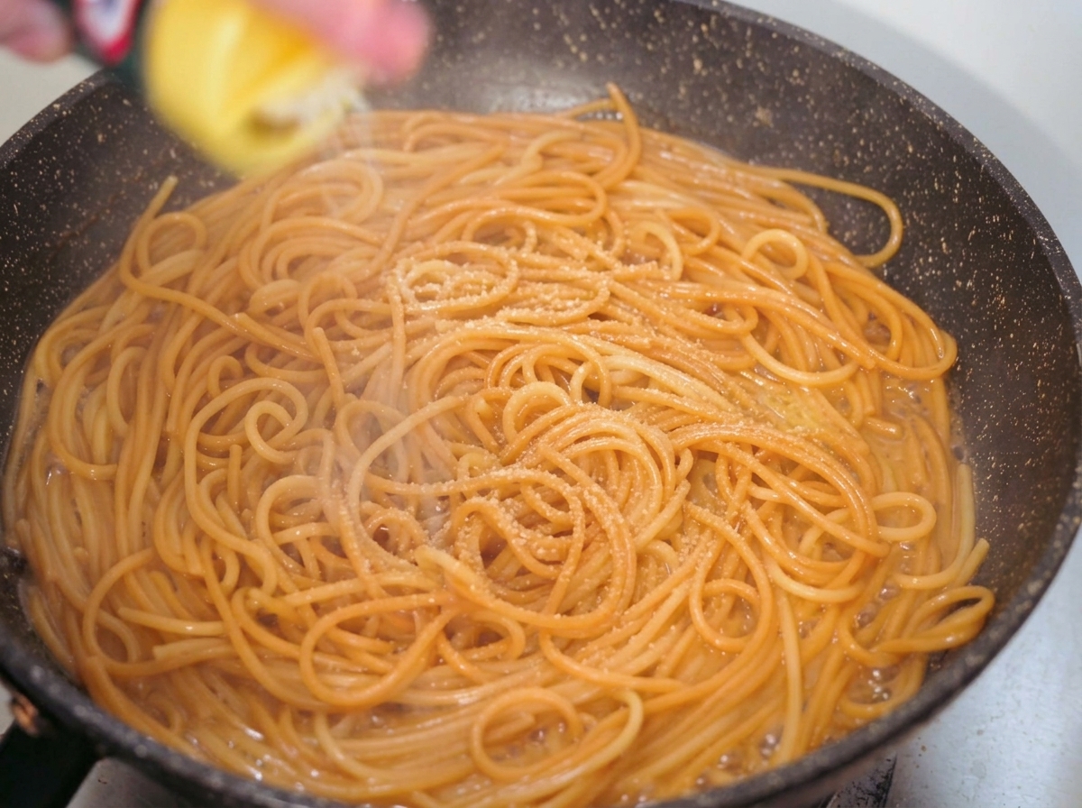 Żółty ser w proszku sypany z pojemnika na ugotowane spaghetti na ciemnej patelni.
