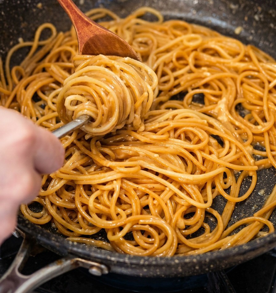 Zbliżenie na drewnianą łyżkę i metalowy widelec używane do zwijania porcji błyszczącego, oblepionego serem spaghetti na patelni.