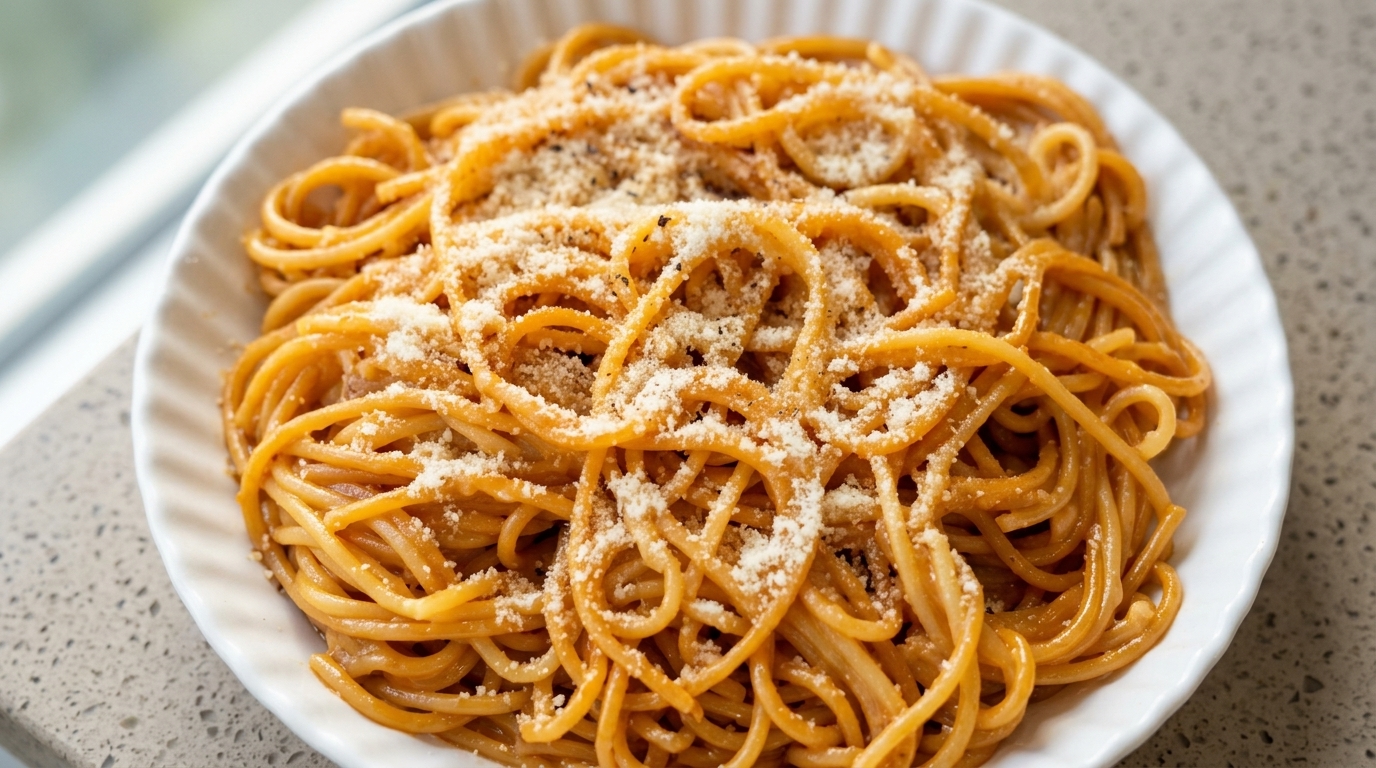 Prosty makaron z serem i sosem sojowym (maślany makaron z parmezanem)