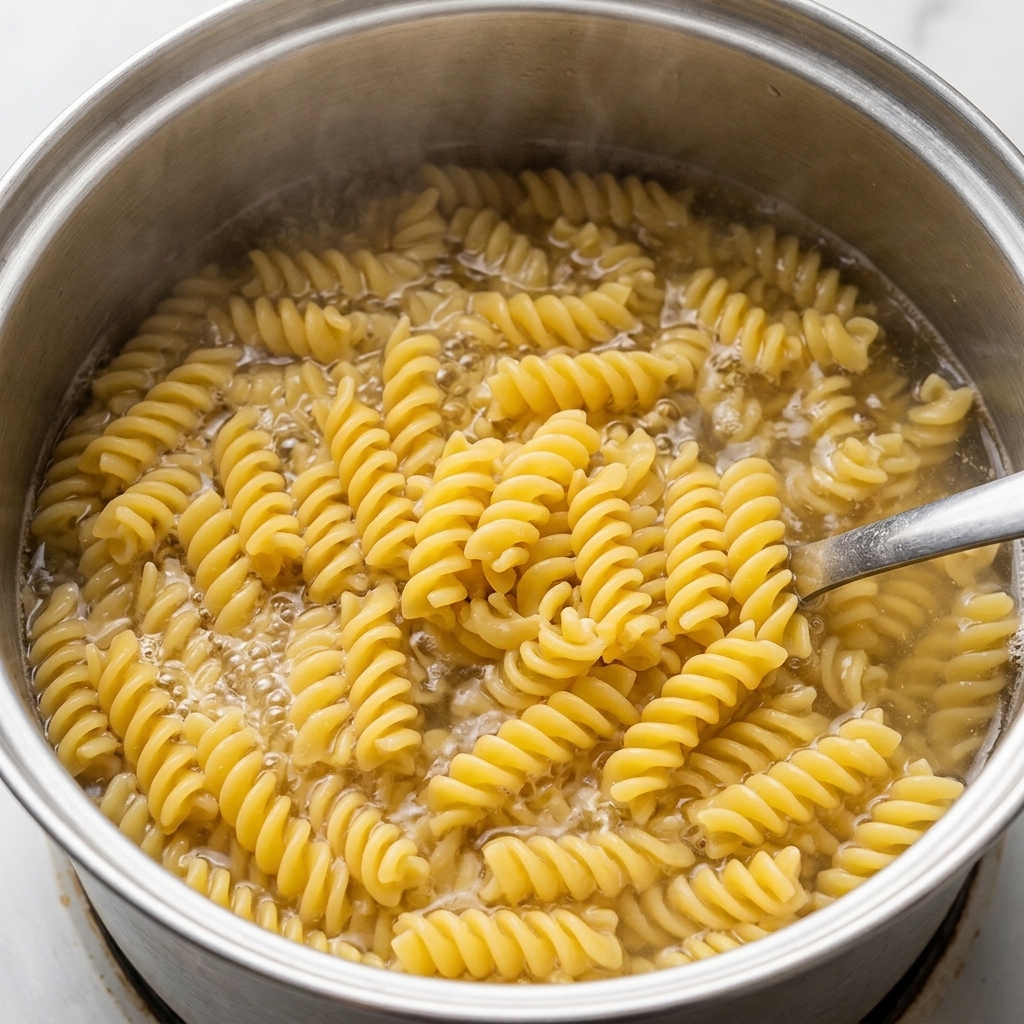 Metalowa łyżka cedzakowa wyjmująca ugotowany, miękki makaron fusilli z garnka z bulgoczącą wodą.