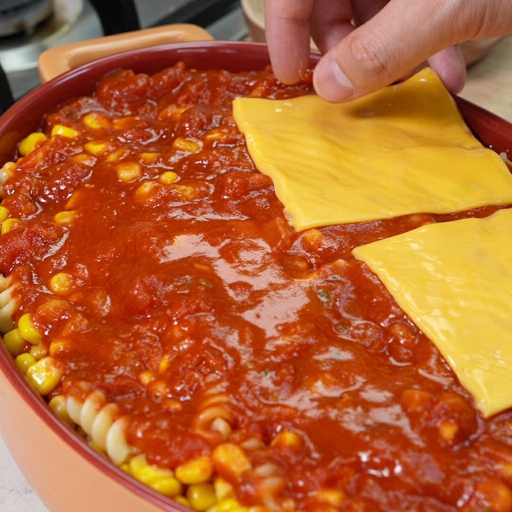 Dłoń układająca kwadratowe plastry żółtego sera cheddar na gęstym, czerwonym sosie w naczyniu do zapiekania.
