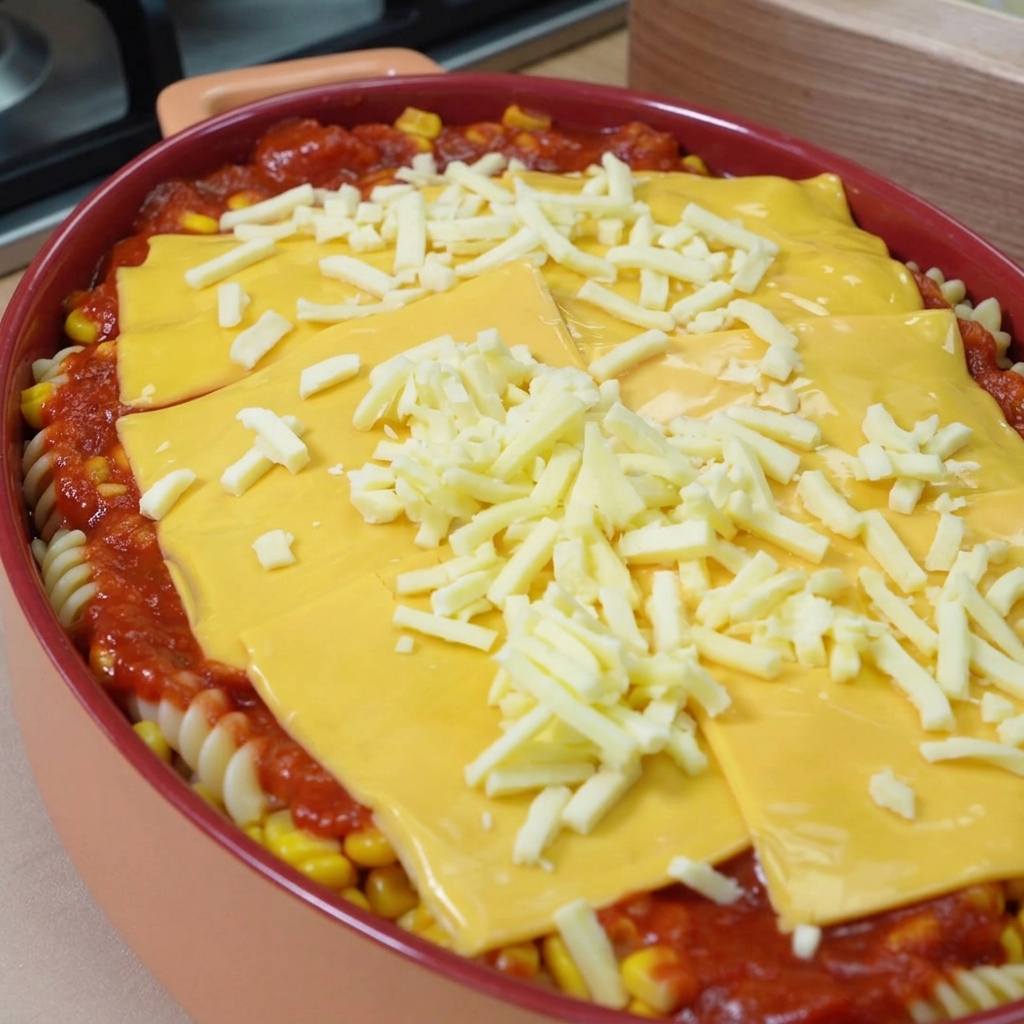 Naczynie żaroodporne wypełnione makaronem z sosem, pokryte plastrami cheddara i grubą warstwą tartej białej mozzarelli.