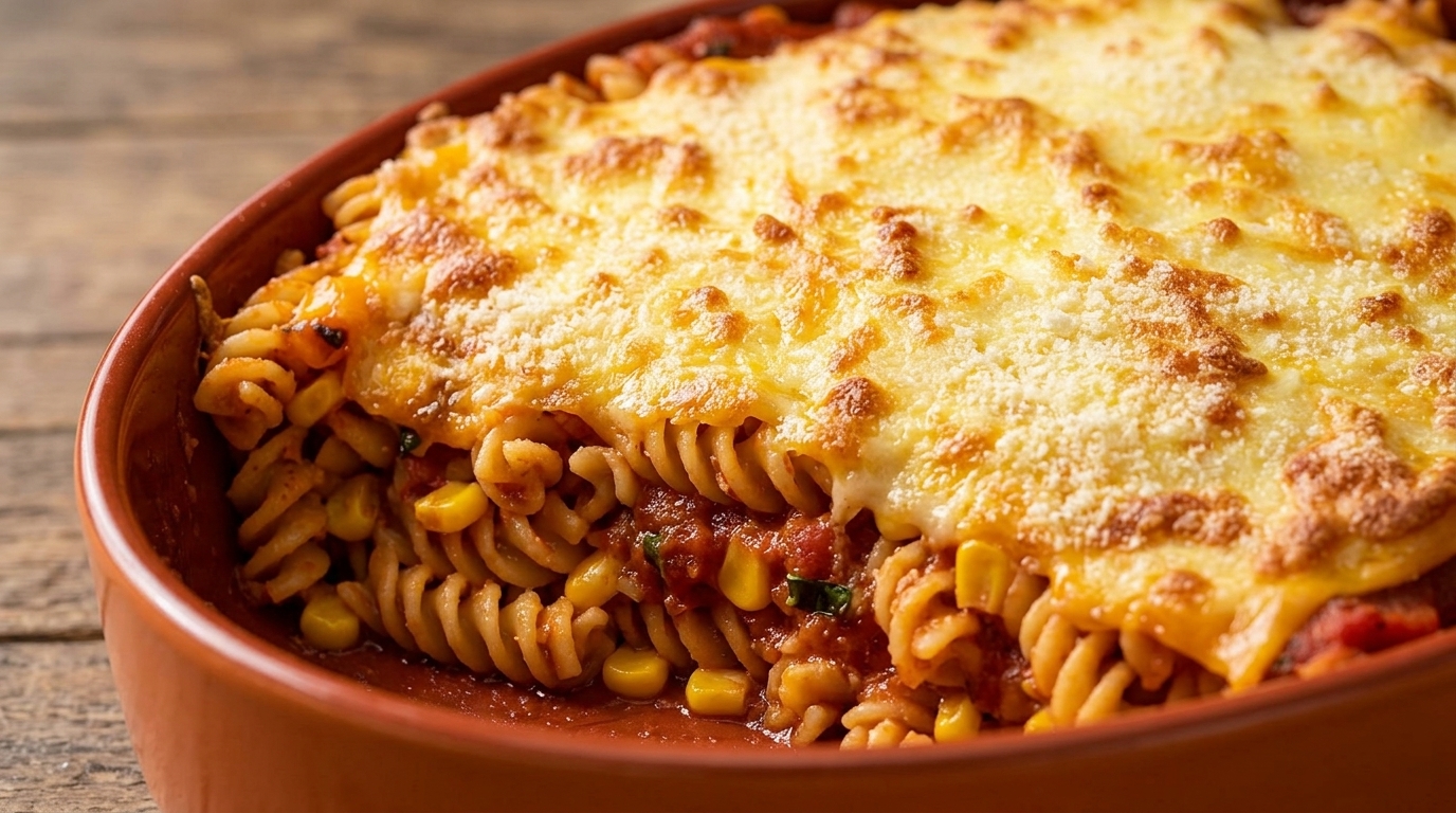 Zapiekane fusilli z trzema serami i kukurydzą