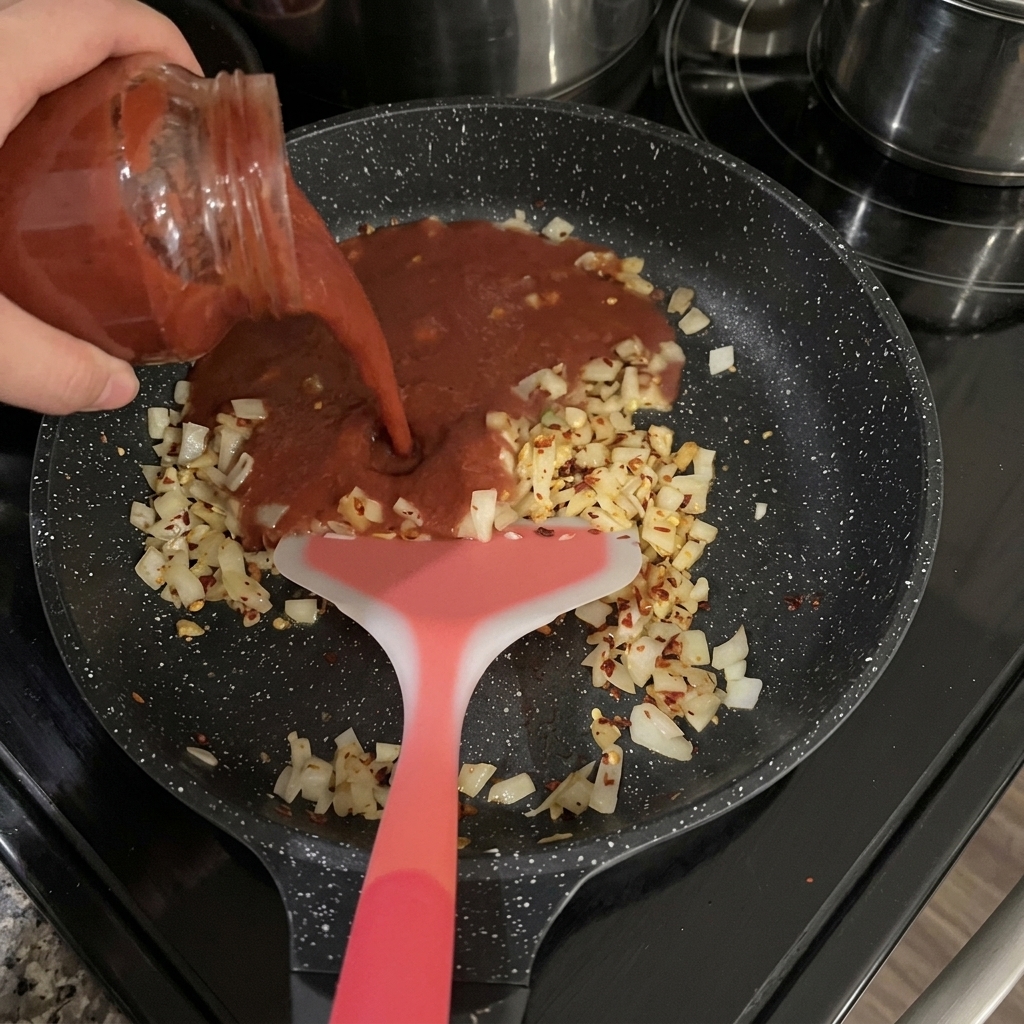 Dłoń wlewająca czerwony sos pomidorowy ze szklanego słoika na patelnię z podsmażoną cebulką i płatkami chili.