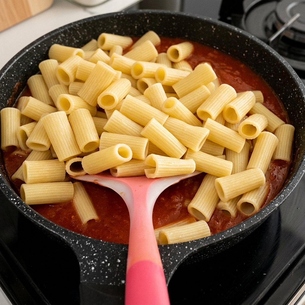Ugotowane rurki makaronu rigatoni ułożone na czerwonym sosie pomidorowym na czarnej patelni, gotowe do wymieszania.