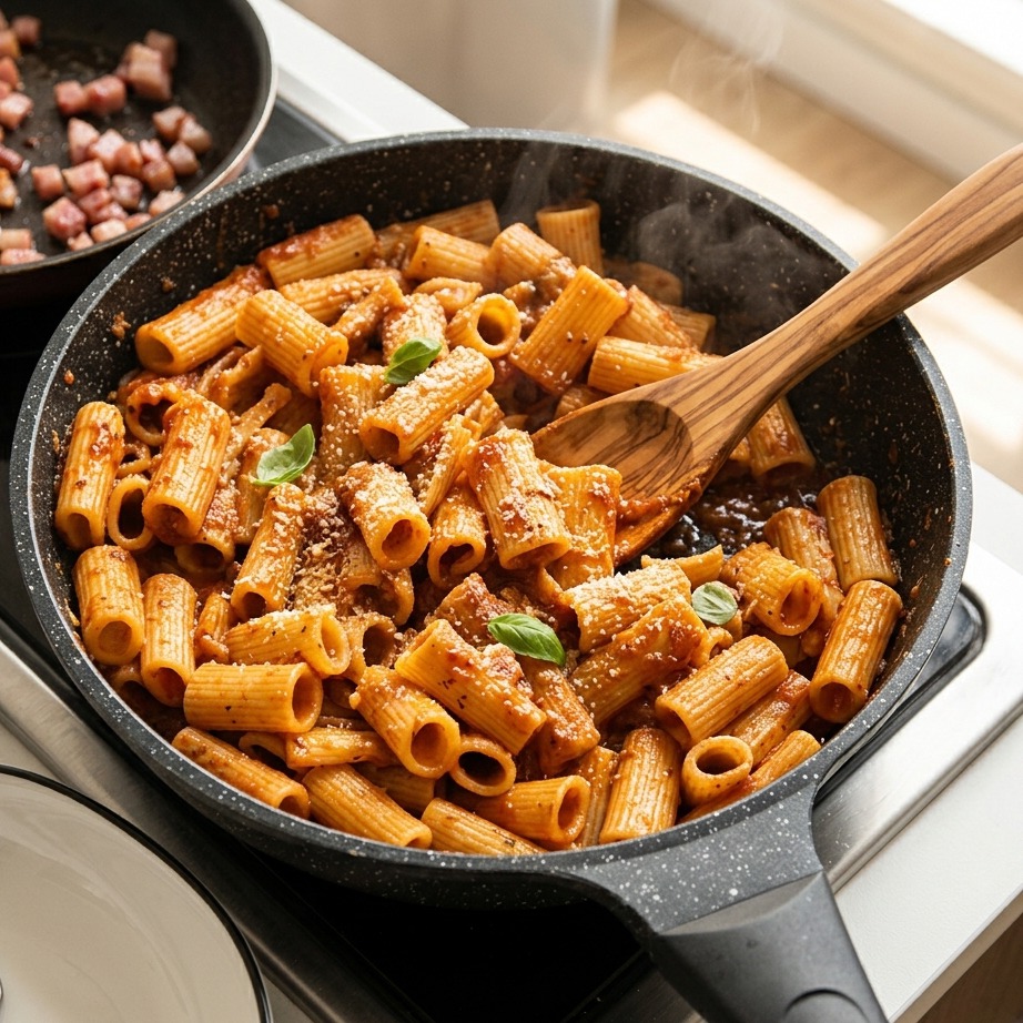 Drewniana łyżka mieszająca makaron rigatoni w gęstym czerwonym sosie pomidorowym na czarnej patelni, z której unosi się para.