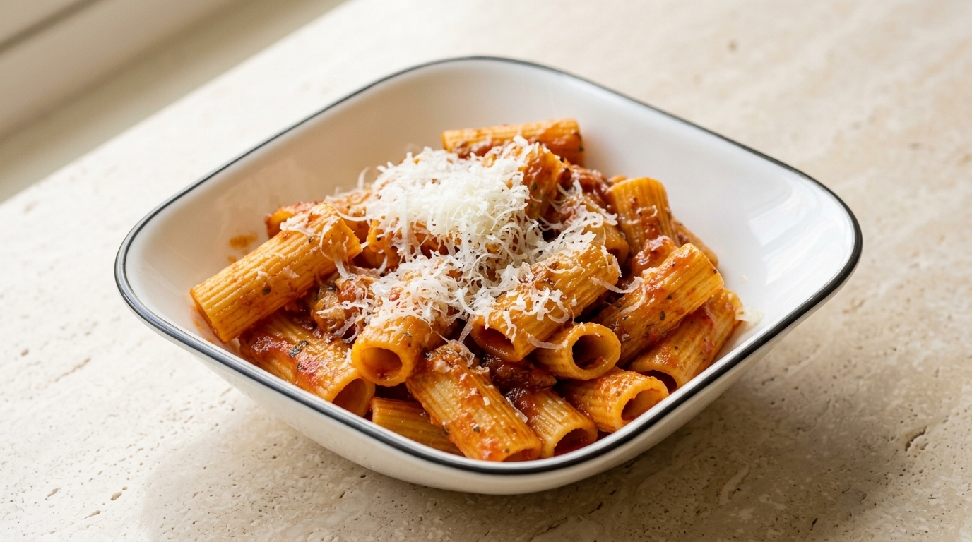 Klasyczne Rigatoni w Sosie Pomidorowym z Świeżo Tartym Serem