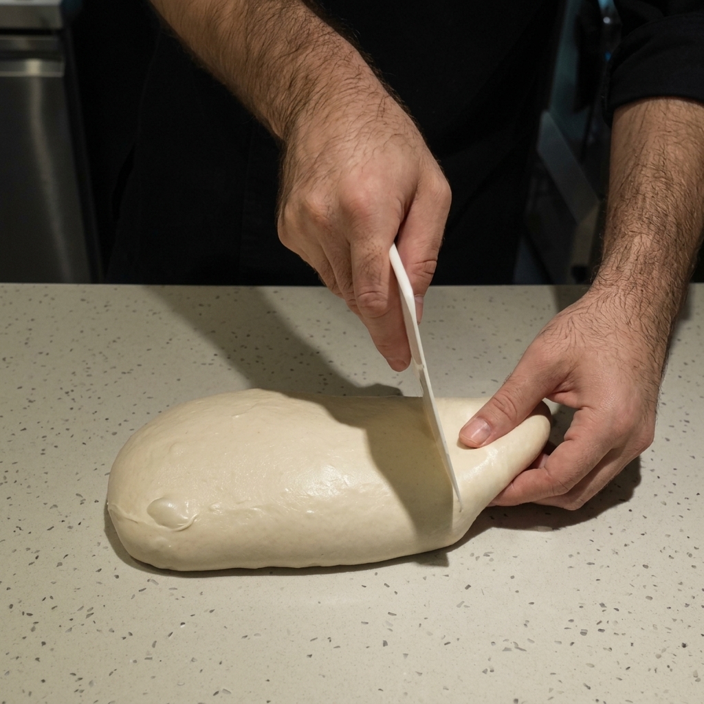 Szef kuchni używający białej skrobki cukierniczej do porcjowania długiego wałka uwodnionego ciasta na pizzę na blacie.