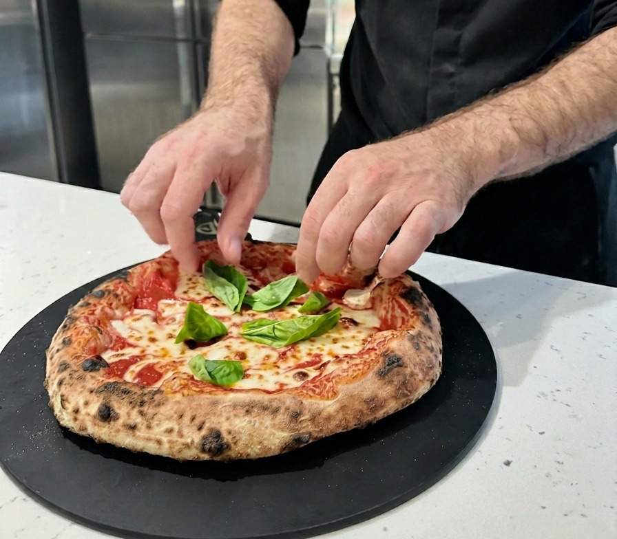 Świeżo upieczona pizza neapolitańska z przypieczonym brzegem dekorowana świeżymi liśćmi bazylii na czarnej desce.