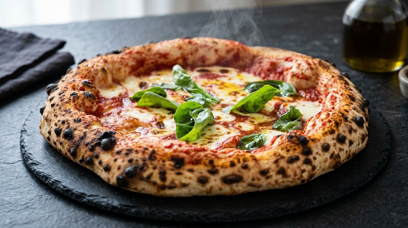 Świeżo upieczona pizza neapolitańska Margherita z przypieczonym, puszystym brzegiem i roztopioną świeżą mozzarellą.