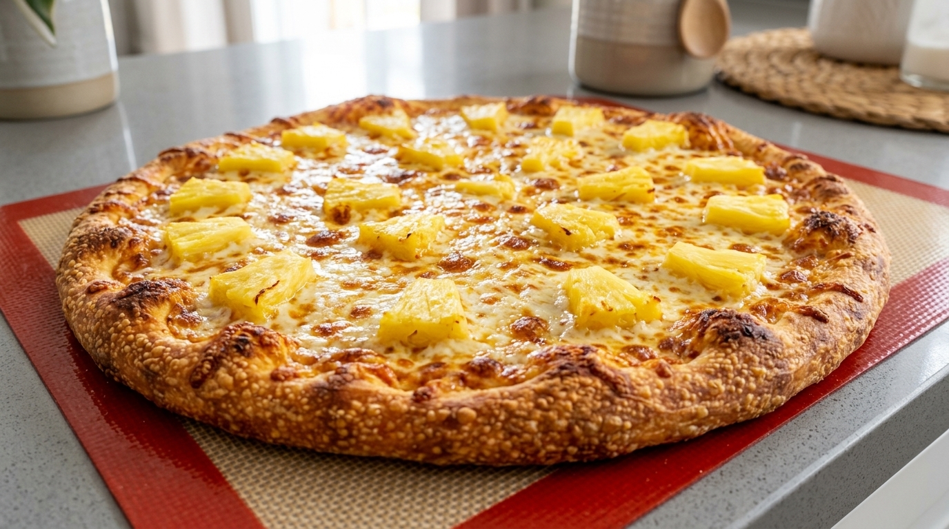 Domowa słodka pizza z ananasem na grubym, rzemieślniczym cieście