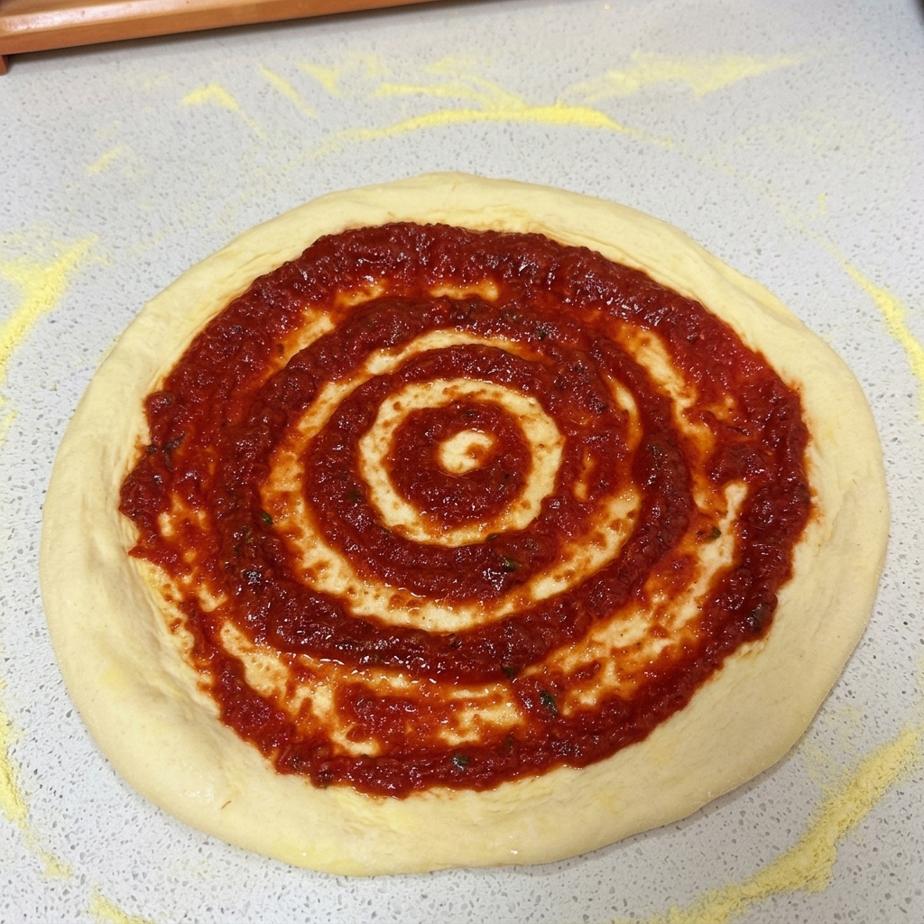 Okrągły spód pizzy na blacie pokryty warstwą czerwonego sosu pomidorowego rozprowadzonego koncentrycznymi ruchami.