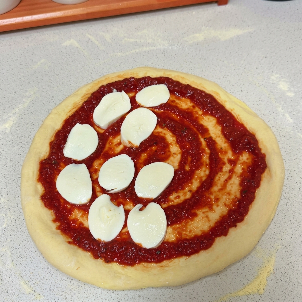 Plastry świeżej, białej mozzarelli ułożone na spodzie pizzy pokrytym sosem pomidorowym.