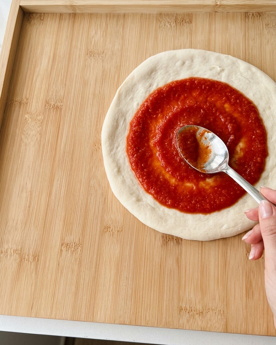 Metalowa łyżka rozprowadzająca czerwony sos pomidorowy ruchem spiralnym na surowym cieście do pizzy.