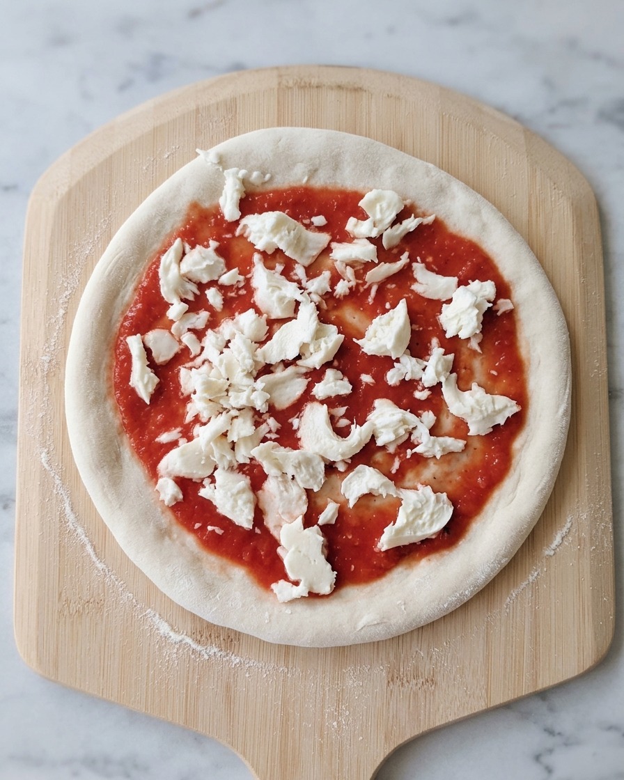 Kawałki białej mozzarelli rozrzucone na czerwonym sosie pomidorowym na cieście do pizzy leżącym na drewnianej łopacie.