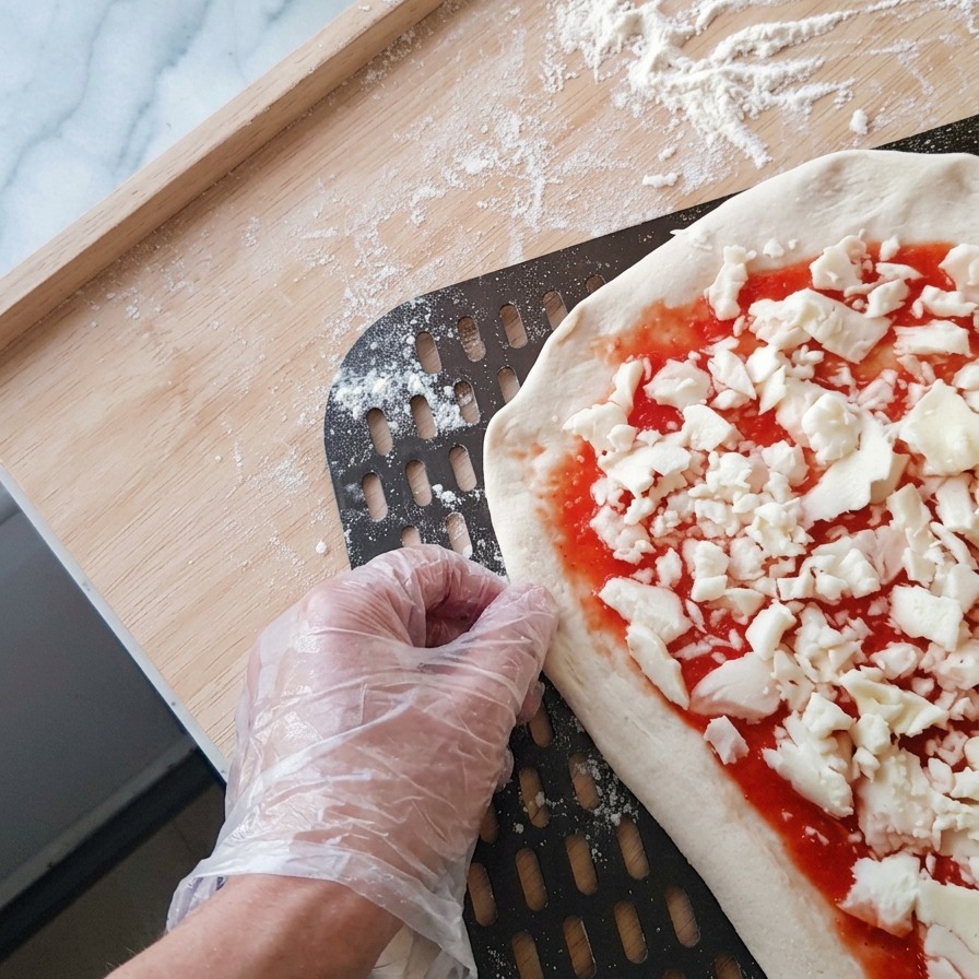 Dłoń w rękawiczce poprawiająca brzeg surowej pizzy podczas wciągania jej na czarną, perforowaną metalową łopatę.