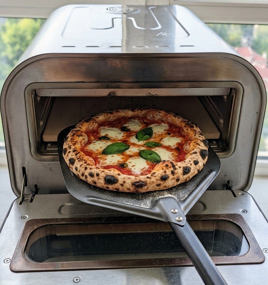 Świeżo upieczona pizza z przypieczonym, bąbelkowym brzegiem i roztopioną mozzarellą, wyjmowana z przenośnego pieca za pomocą metalowej łopaty.