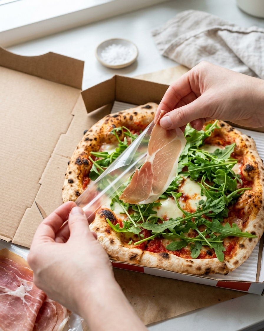 Zbliżenie na dłoń ostrożnie układającą cienki plasterek szynki prosciutto na świeżej rukoli na upieczonej pizzy.