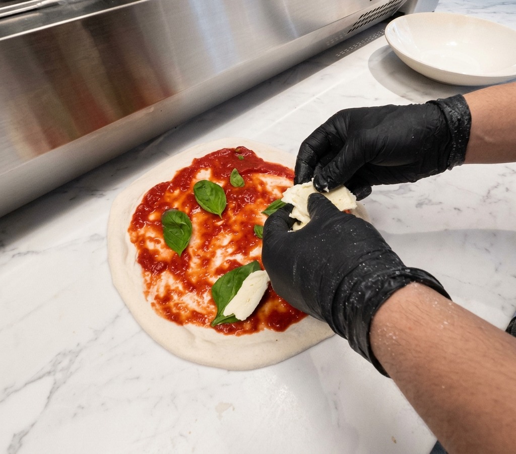 Dłonie w rękawiczkach rwące i układające kawałki białej świeżej mozzarelli na spód pizzy z sosem pomidorowym i bazylią.